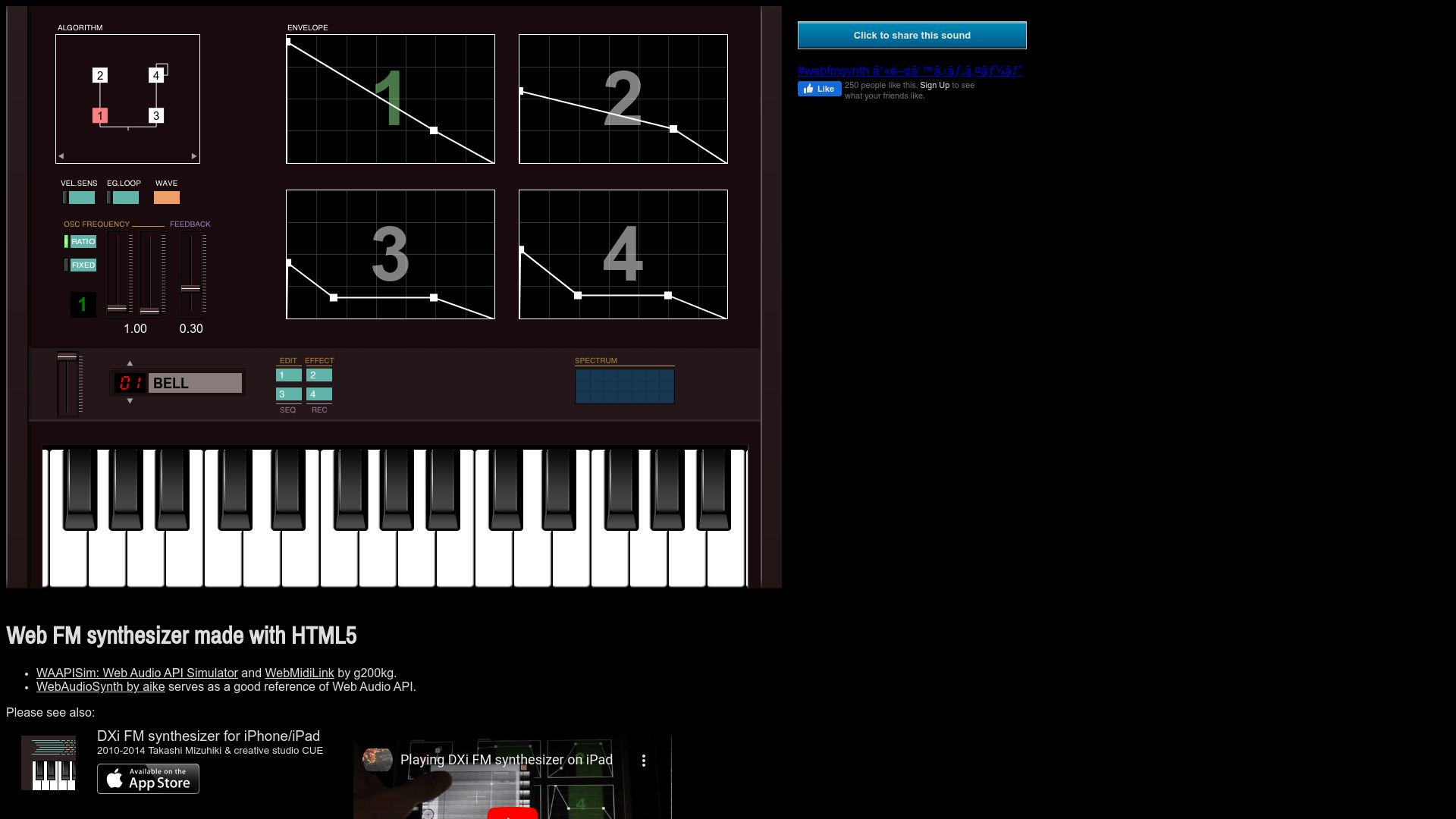 Screenshot of taktech.org: Web FM synthesizer made with HTML5