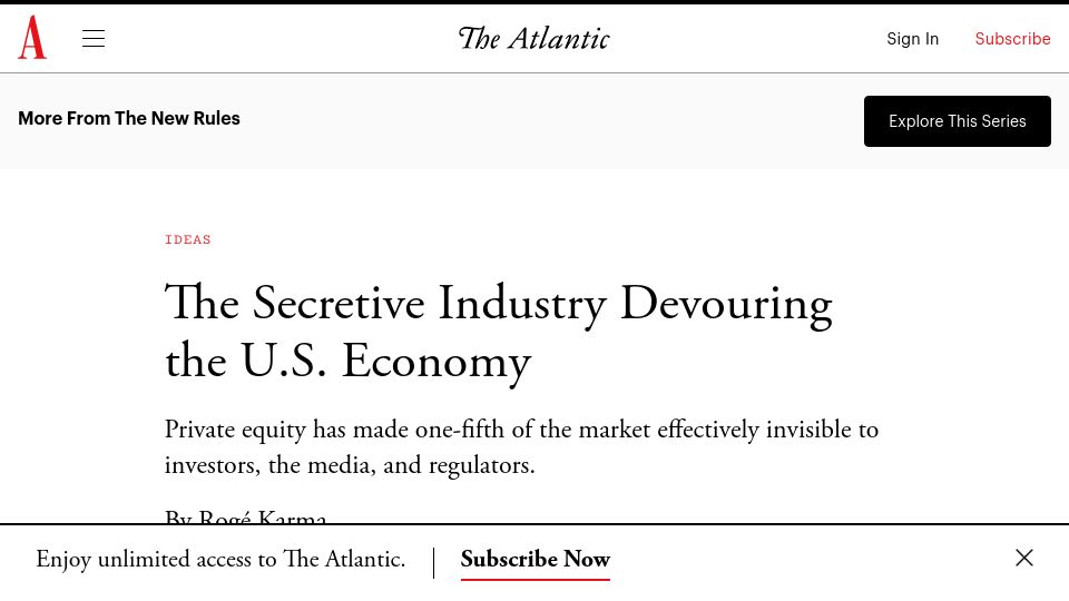 Screenshot of theatlantic.com: Private equity is devouring the U.S. economy