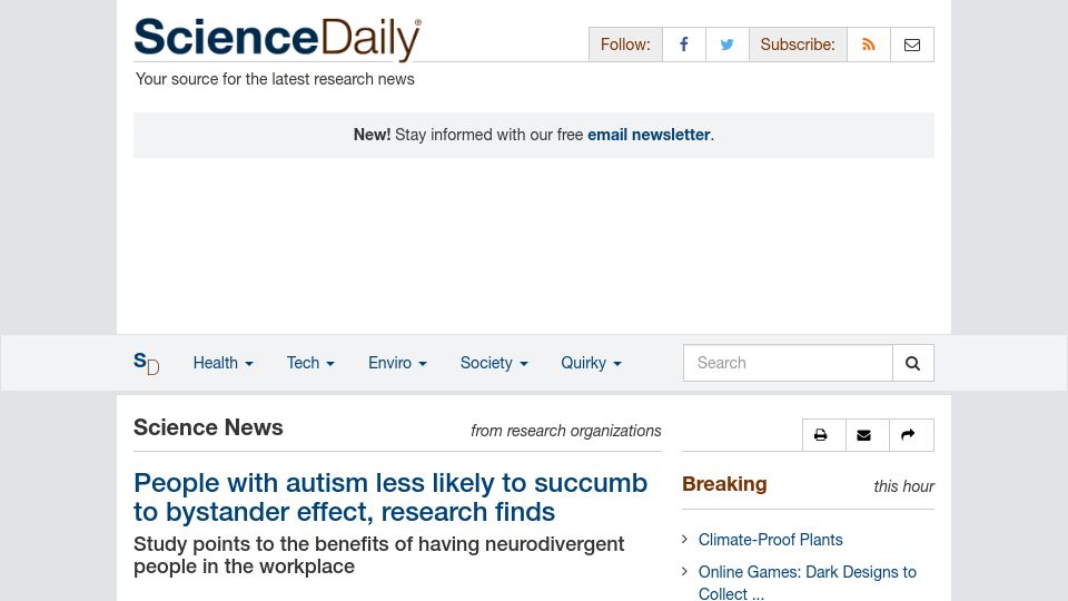 Screenshot of sciencedaily.com: People with autism less likely to succumb to bystander effect, research finds