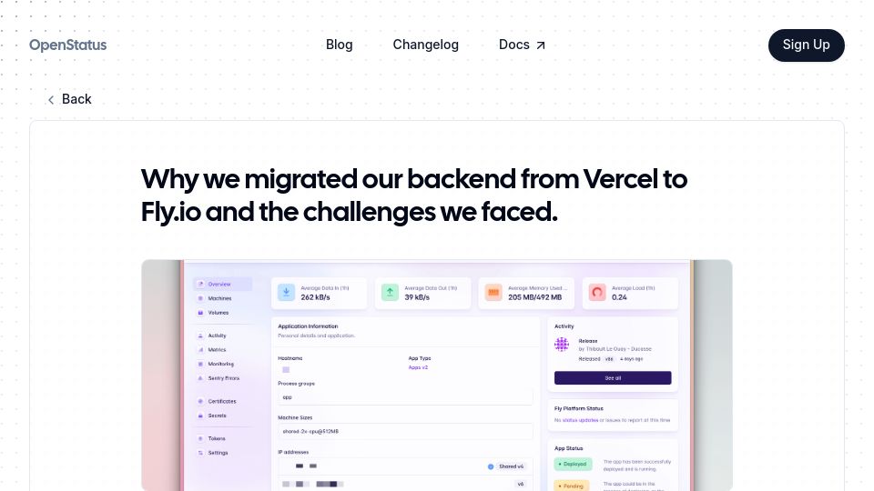 Screenshot of openstatus.dev: Migrating our backend from Vercel to Fly.io