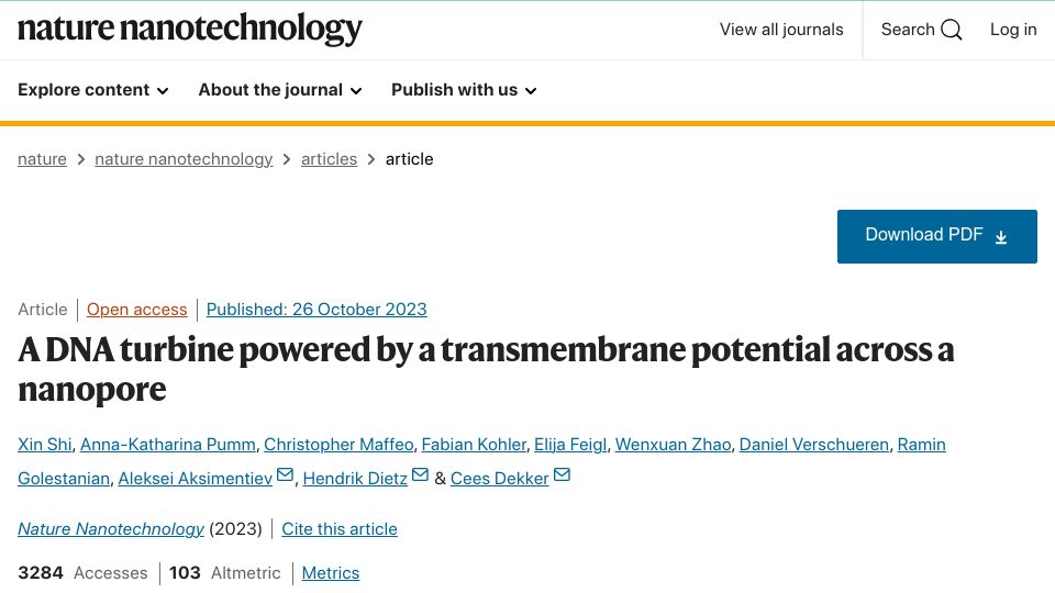 Screenshot of nature.com: DNA turbine powered by a transmembrane potential across a nanopore