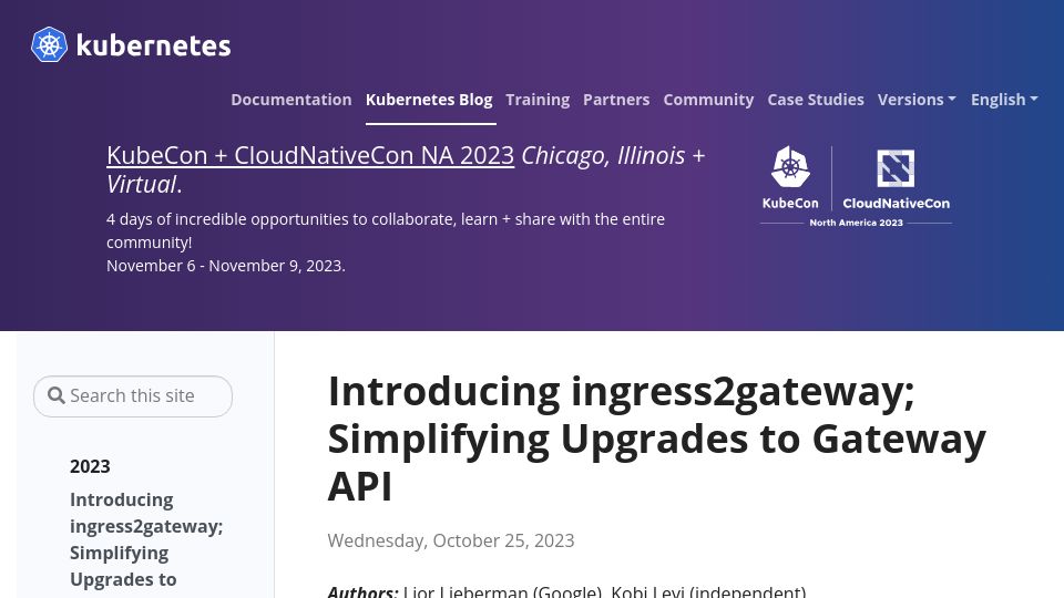Screenshot of kubernetes.io: Kubernetes releases ingress2gateway tool for upcoming GA of Gateway API