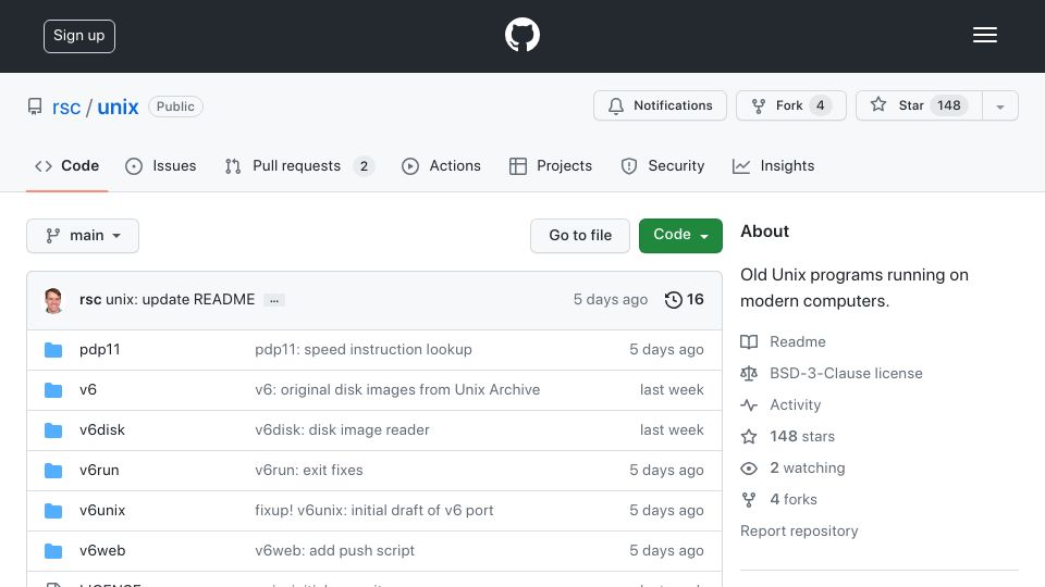 Screenshot of github.com: Old Unix programs running on modern computers