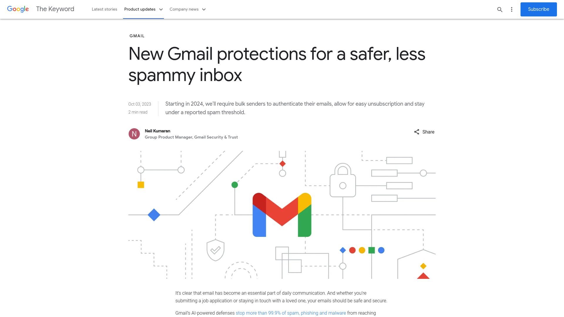 Screenshot of blog.google: Gmail, Yahoo announce new 2024 authentication requirements for bulk senders