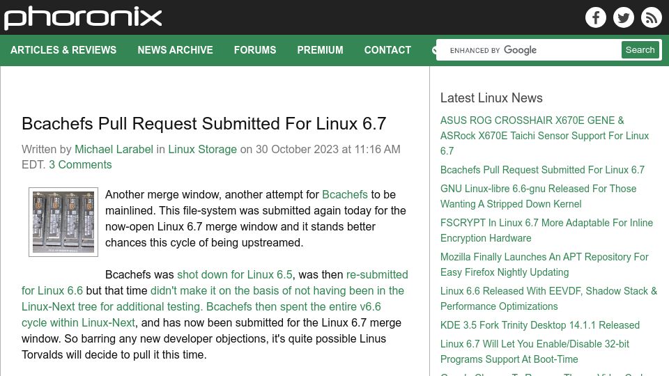 Screenshot of phoronix.com: Bcachefs Pull Request Submitted for Linux 6.7