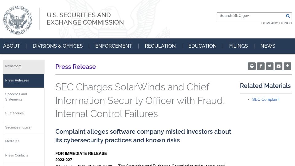 Screenshot of sec.gov: SEC Charges SolarWinds and CISO with Fraud, Internal Control Failures
