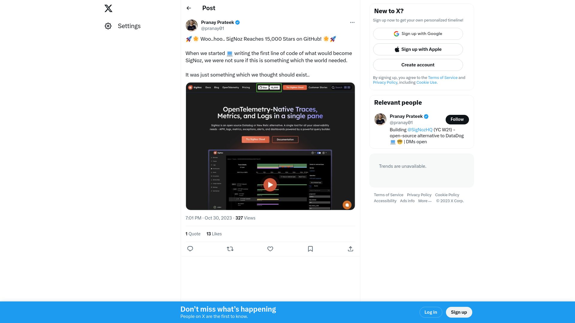 Screenshot of twitter.com: Open source Datadog alternative SigNoz crosses 15K GitHub stars