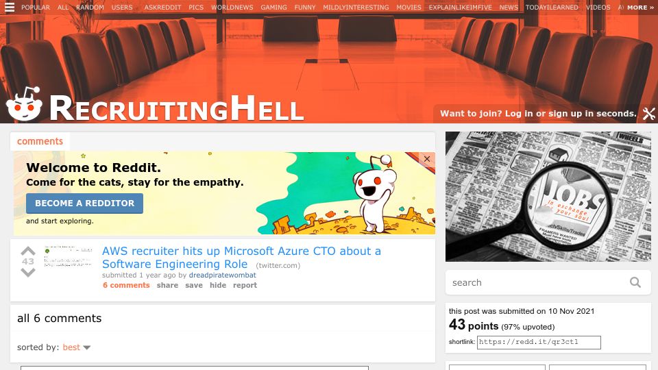 Screenshot of old.reddit.com: Microsoft Azure CTO Headhunted for SDE II Position at Amazon