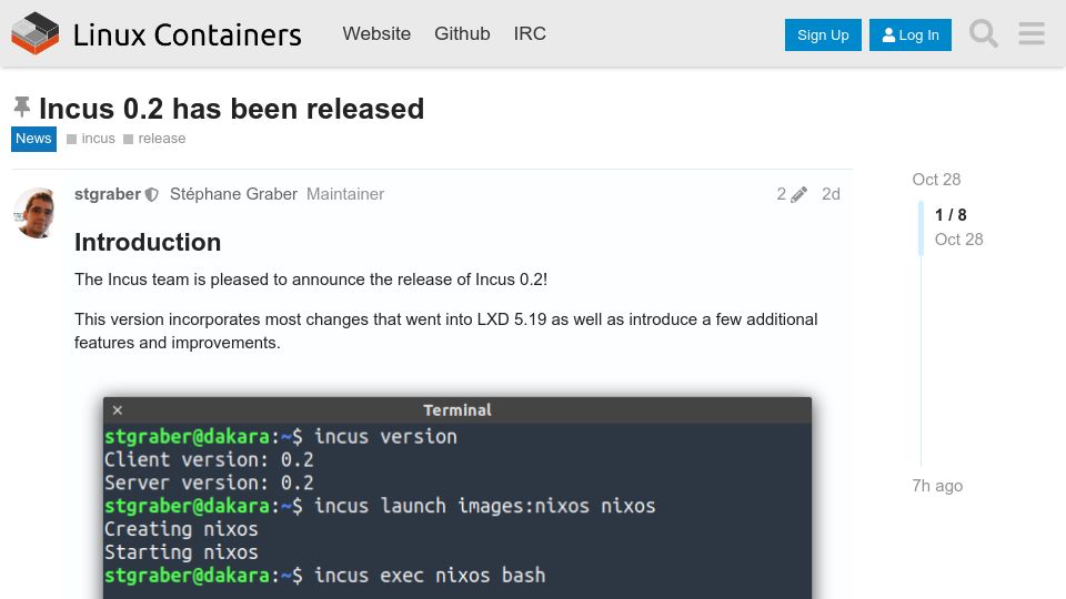 Screenshot of discuss.linuxcontainers.org: Incus 0.2 adds NVMe, NixOS images and more
