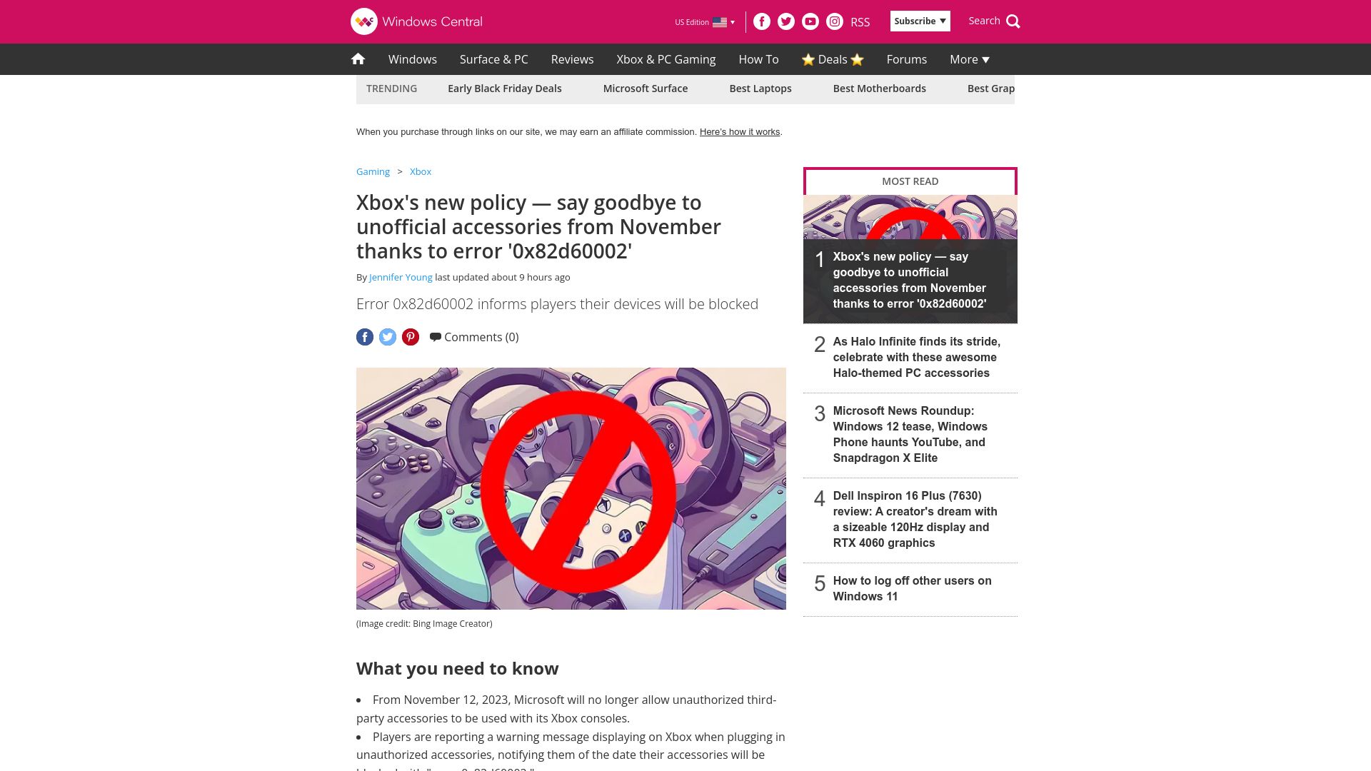 Screenshot of windowscentral.com: Xbox's new policy – say goodbye to unofficial accessories from November