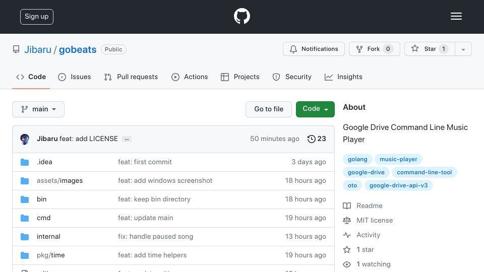 Screenshot of github.com: Show HN: Gobeats, a Google Drive command line music player