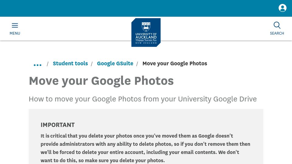 Screenshot of auckland.ac.nz: How to Move Your Google Photos