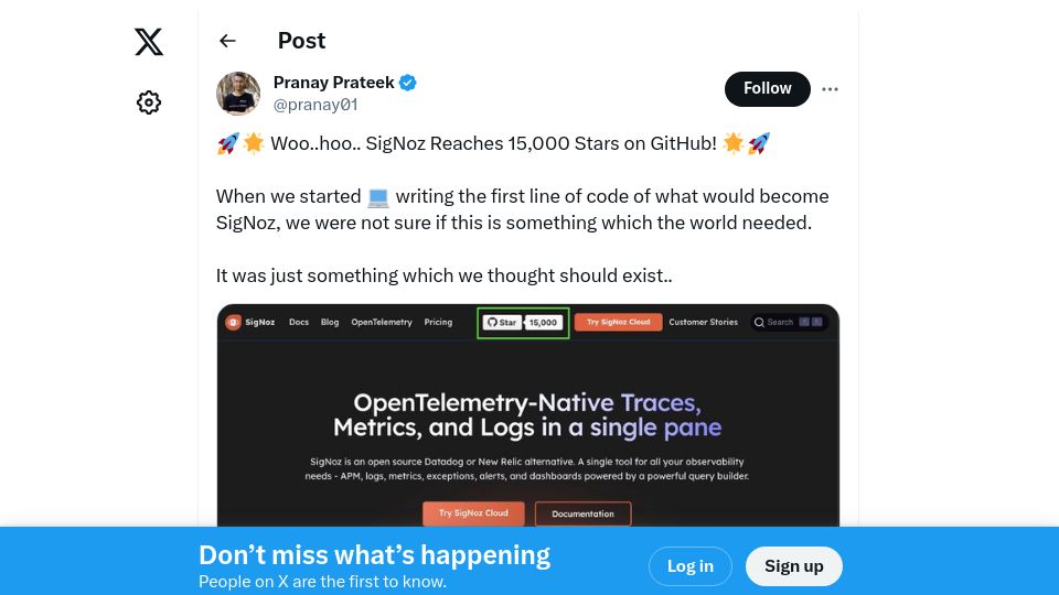 Screenshot of twitter.com: Open source Datadog alternative SigNoz crosses 15K GitHub stars