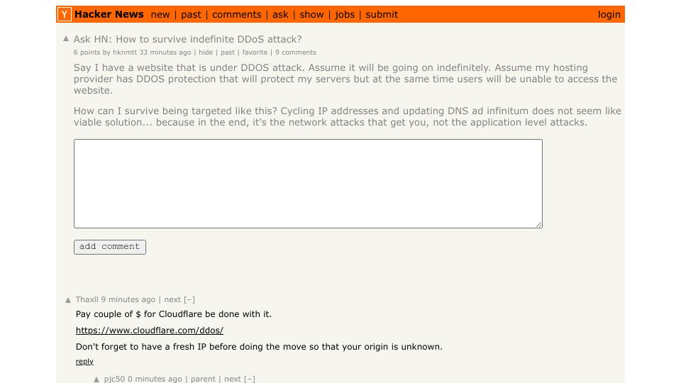 Screenshot of Hacker News post: Ask HN: How to survive indefinite DDoS attack?