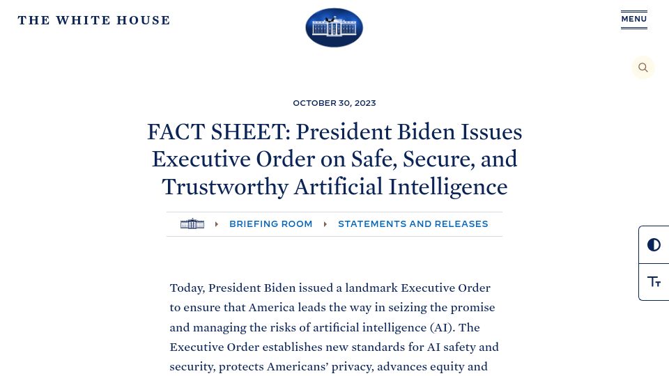 Screenshot of whitehouse.gov: Executive Order on Safe, Secure, and Trustworthy Artificial Intelligence