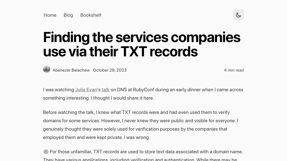 Screenshot of abenezerbelachew.com: Finding services companies via their TXT records