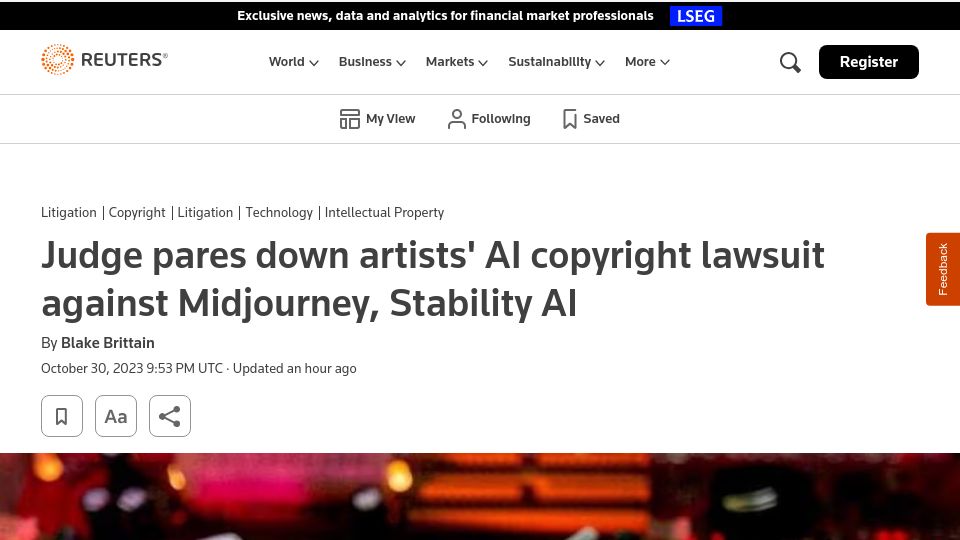 Screenshot of reuters.com: Judge pares down artists' AI copyright lawsuit against Midjourney, Stability AI