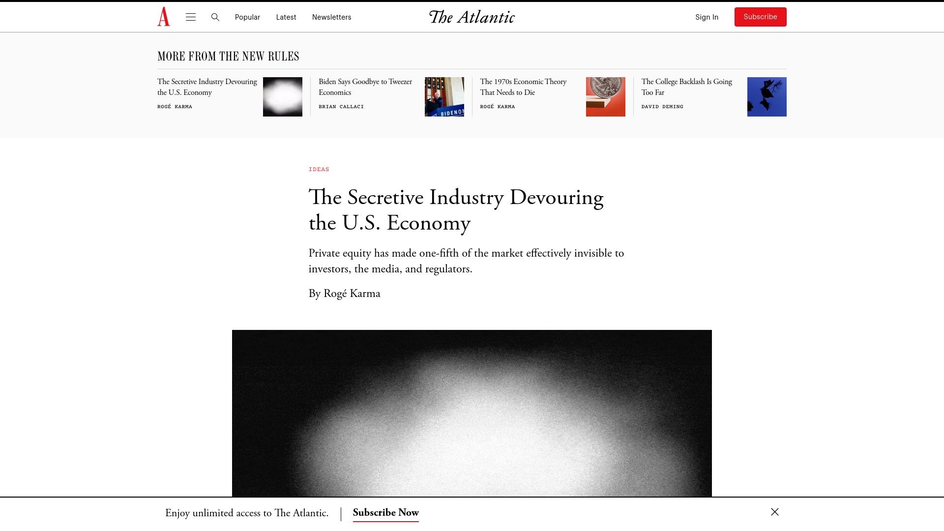 Screenshot of theatlantic.com: Private equity is devouring the U.S. economy
