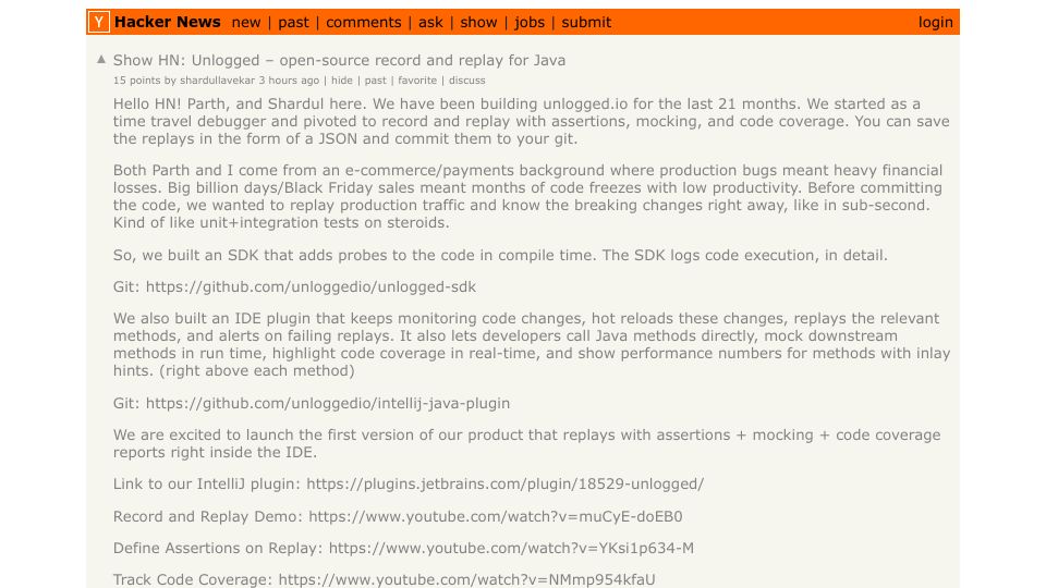 Screenshot of Hacker News post: Show HN: Unlogged – open-source record and replay for Java