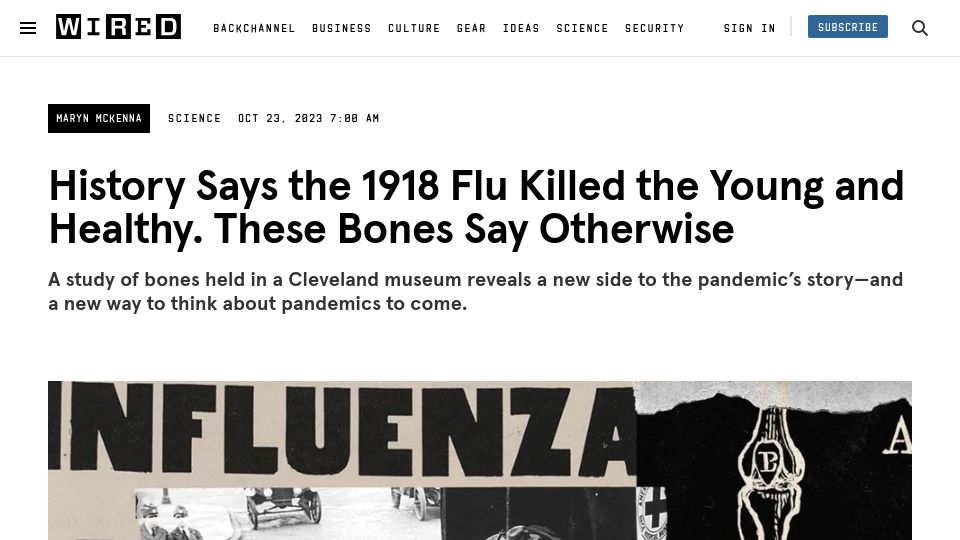 Screenshot of wired.com: History Says 1918 Flu Killed the Young and Healthy. These Bones Say Otherwise