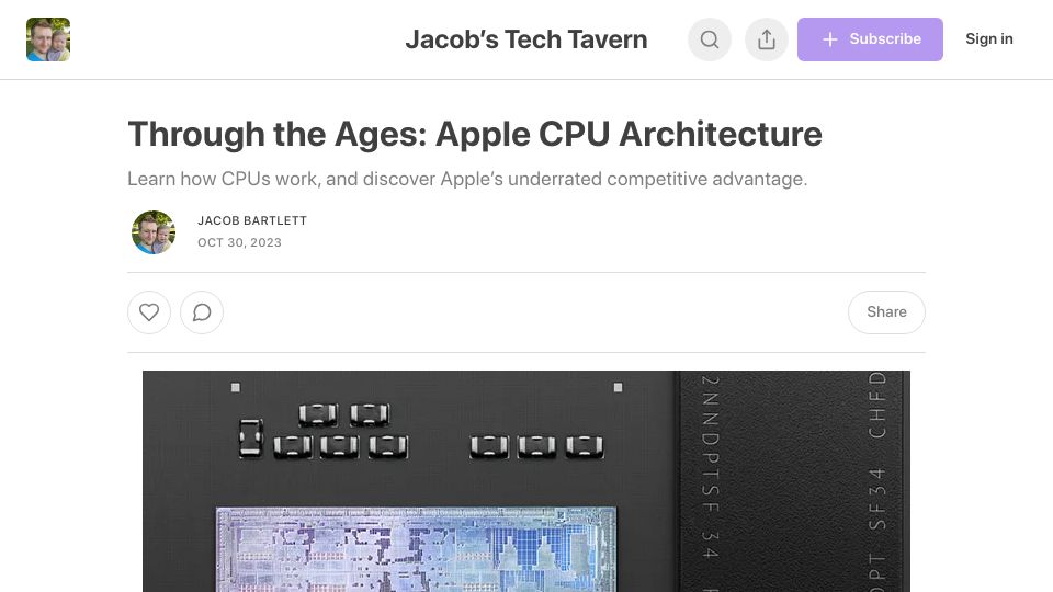 Screenshot of jacobbartlett.substack.com: Apple CPU Architecture Through the Ages