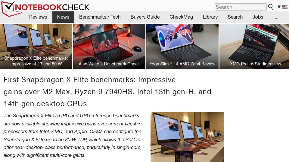 Screenshot of notebookcheck.net: Snapdragon X Elite benchmarks: Impressive gains over M2 and desktop CPUs