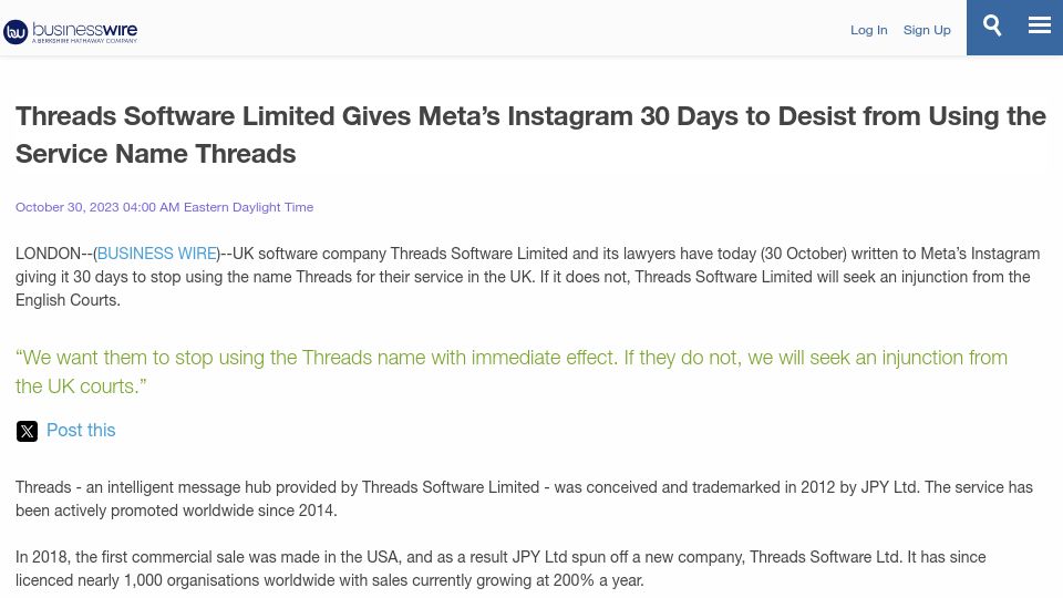 Screenshot of businesswire.com: Threads Software Limited gives Meta 30 days to stop using the name Threads