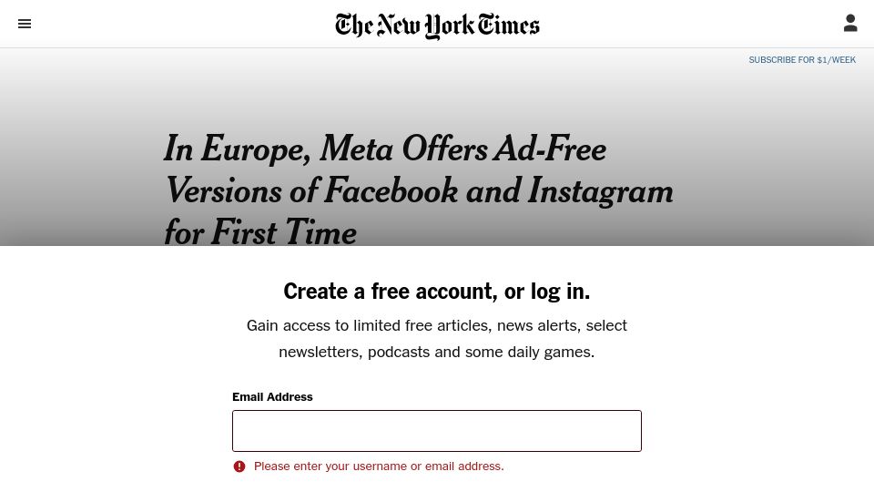 Screenshot of nytimes.com: Meta to charge for ad-free versions of Facebook and Instagram in Europe