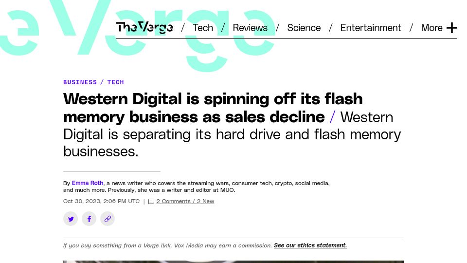 Screenshot of theverge.com: Western Digital to spin off flash business