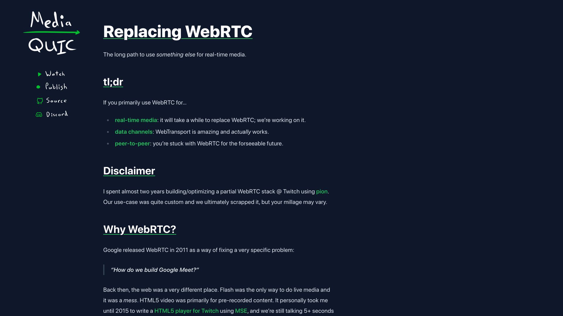Screenshot of quic.video: Replacing WebRTC: real-time latency with WebTransport and WebCodecs