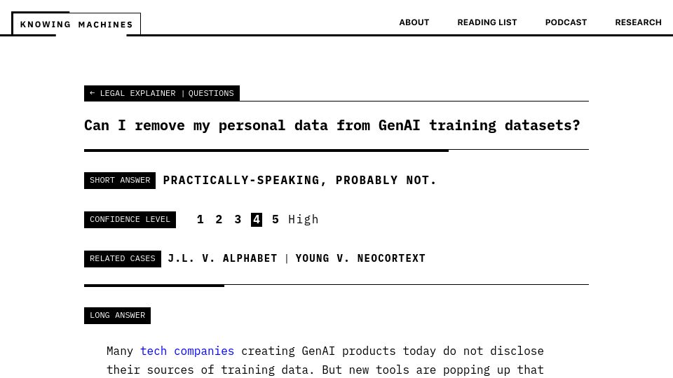 Screenshot of knowingmachines.org: Can I remove my personal data from GenAI training datasets?