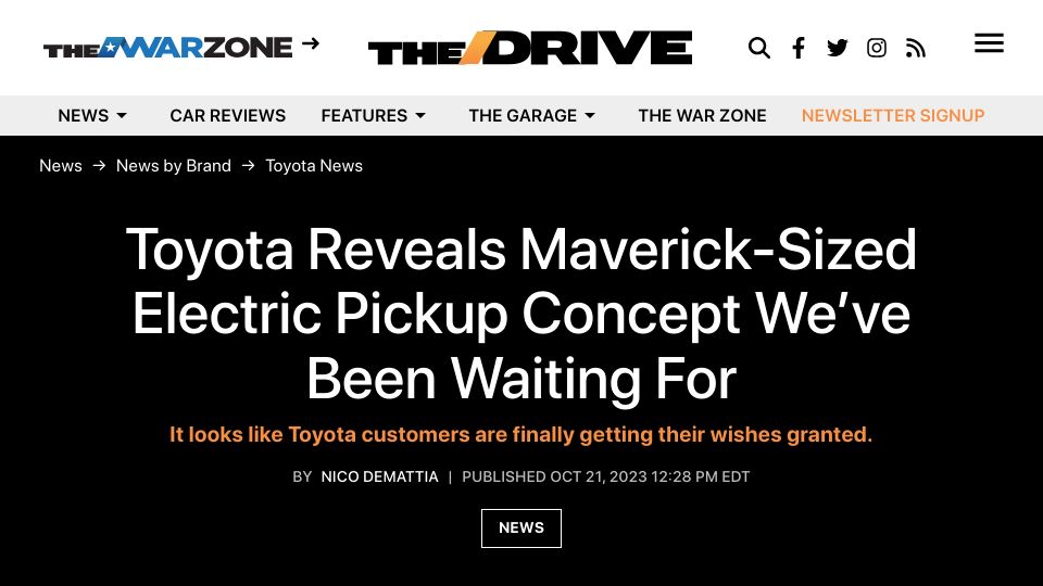 Screenshot of thedrive.com: Toyota Reveals Maverick-Sized Electric Pickup Concept We've Been Waiting For