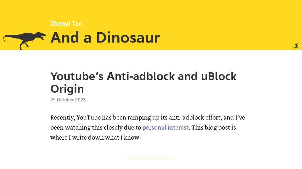 Screenshot of andadinosaur.com: YouTube's Anti-Adblock and uBlock Origin