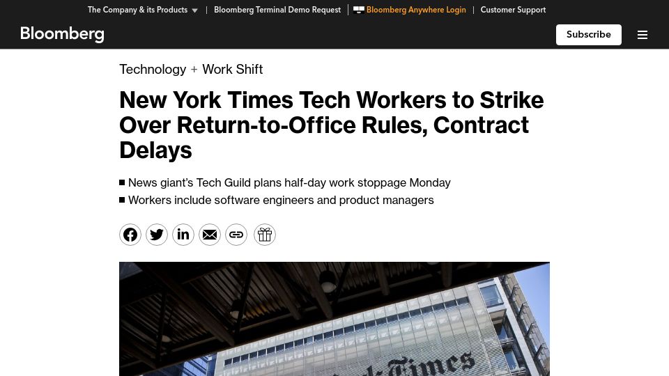 Screenshot of bloomberg.com: New York Times tech workers to strike this afternoon