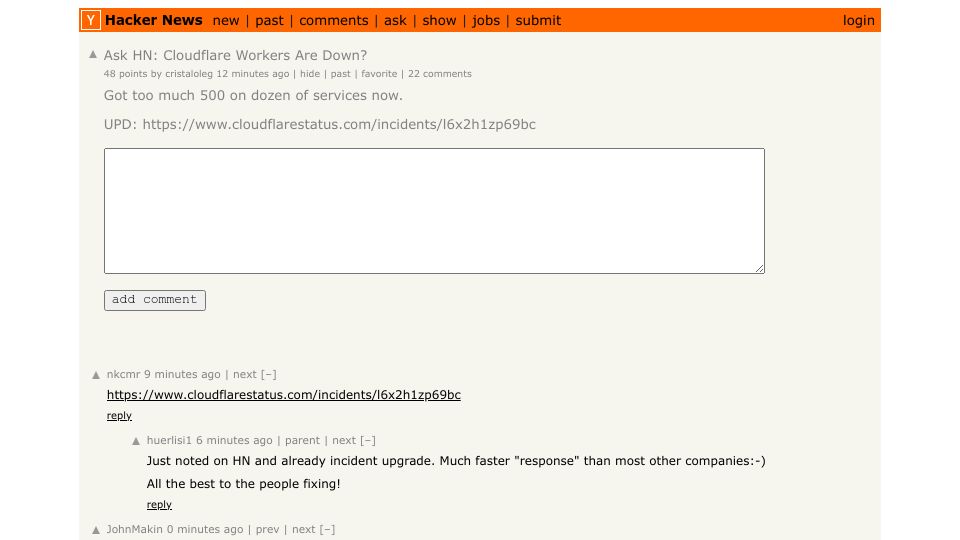 Screenshot of Hacker News post: Ask HN: Cloudflare Workers Are Down?