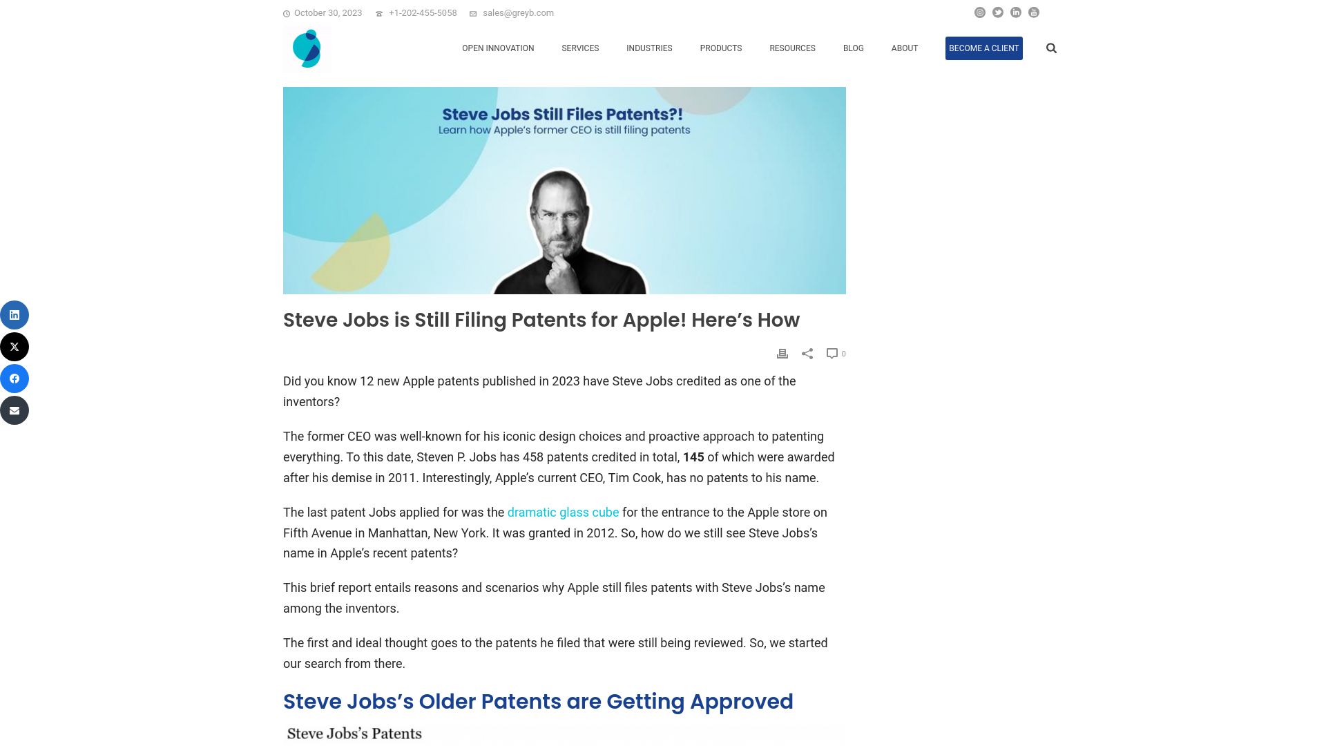 Screenshot of greyb.com: New Apple patents have Steve Jobs credited as an inventor