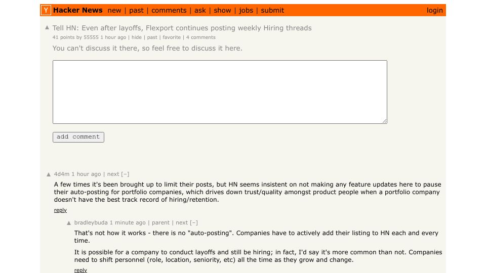 Screenshot of Hacker News post: Tell HN: Even after layoffs, Flexport continues posting weekly Hiring threads