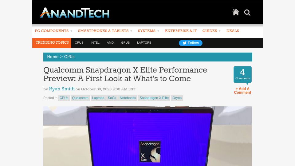 Screenshot of anandtech.com: Qualcomm Snapdragon X Elite Performance Preview: A First Look at What's to Come