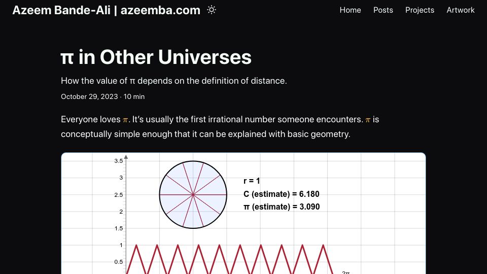 Screenshot of azeemba.com: π in Other Universes