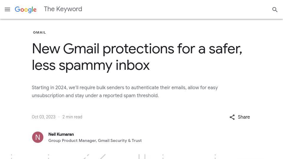 Screenshot of blog.google: Gmail, Yahoo announce new 2024 authentication requirements for bulk senders