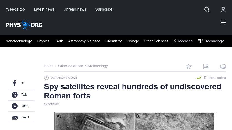 Screenshot of phys.org: Spy satellites reveal undiscovered Roman forts