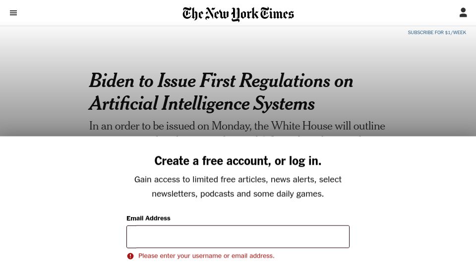 Screenshot of nytimes.com: Biden to issue first regulations on artificial intelligence systems