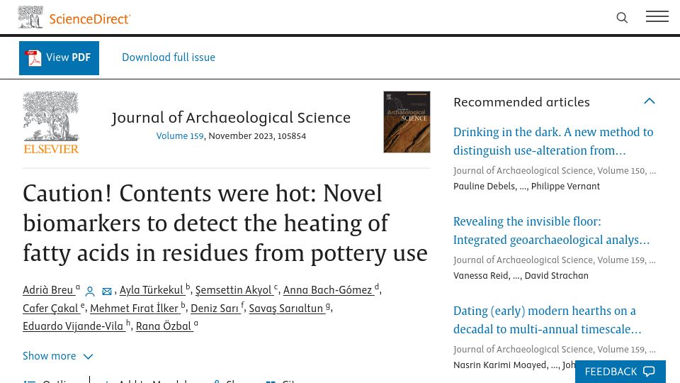 Screenshot of sciencedirect.com: Biomarkers to detect the heating of fatty acids in residues from pottery use