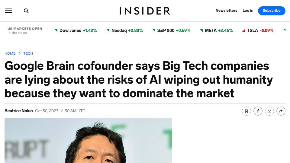 Screenshot of afr.com: Google Brain founder says big tech is lying about AI danger