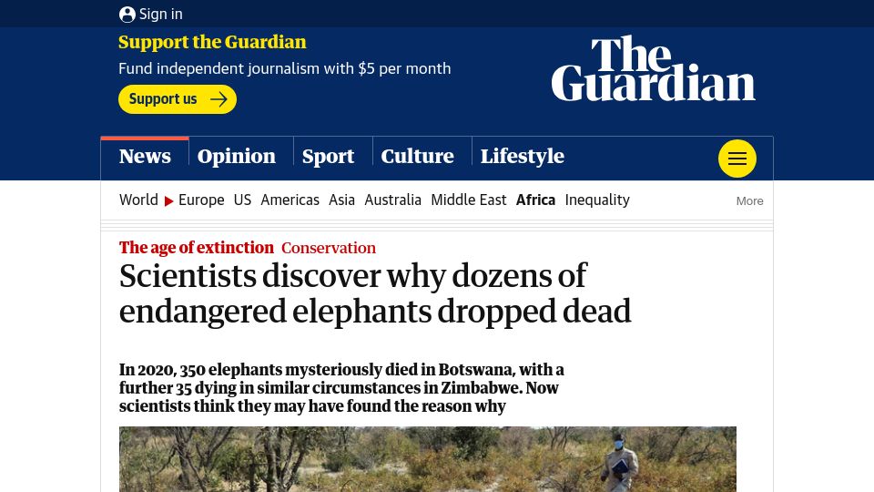 Screenshot of theguardian.com: Scientists discover why dozens of endangered elephants died