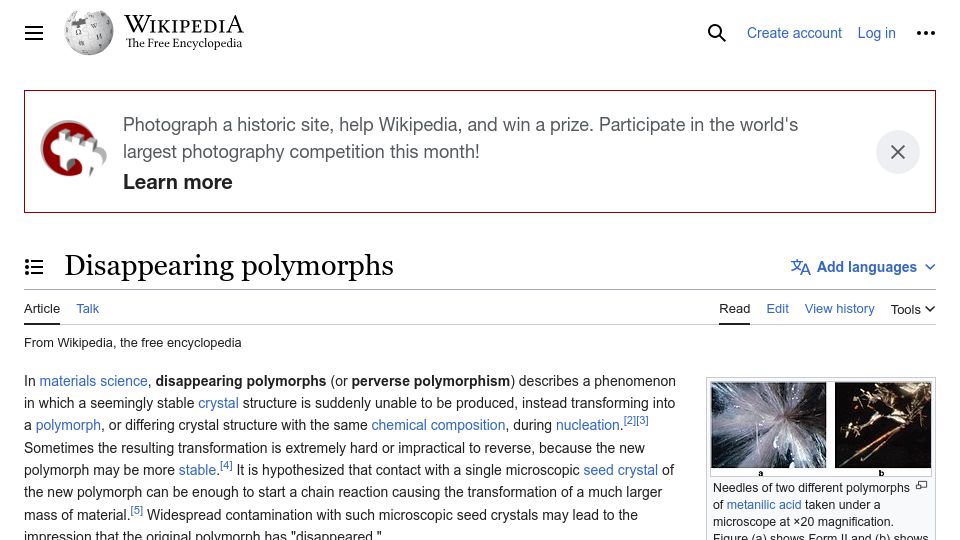 Screenshot of en.wikipedia.org: Disappearing Polymorphs