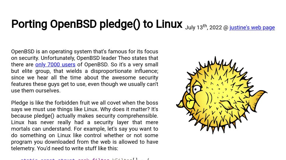 Screenshot of justine.lol: Porting OpenBSD Pledge() to Linux (2022)