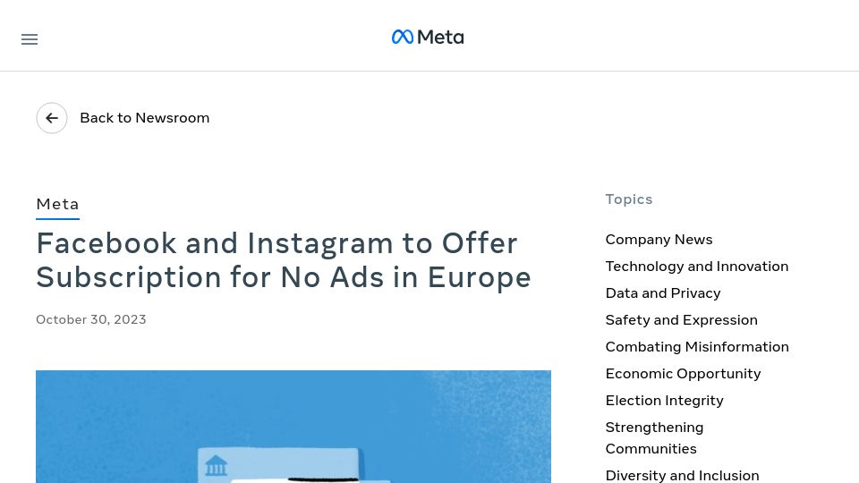 Screenshot of about.fb.com: Facebook and Instagram to Offer Subscription for No Ads in Europe