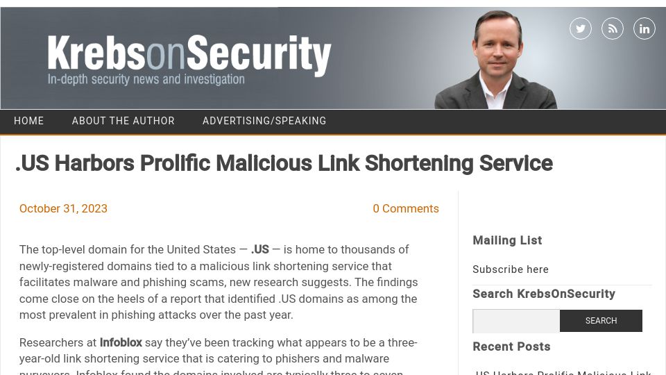 Screenshot of krebsonsecurity.com: .US harbors prolific malicious link shortening service
