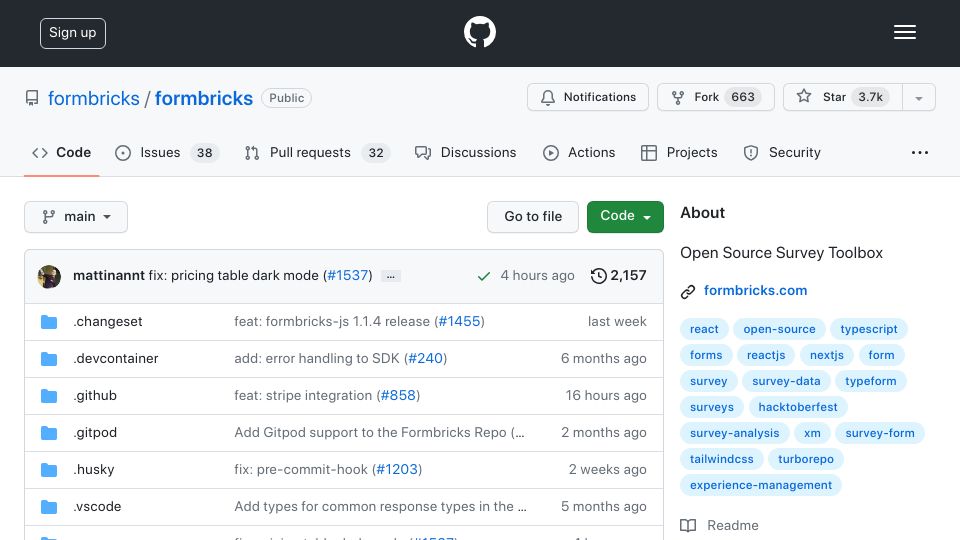 Screenshot of github.com: Show HN: Formbricks – Open-source alternative to Typeform and Sprig